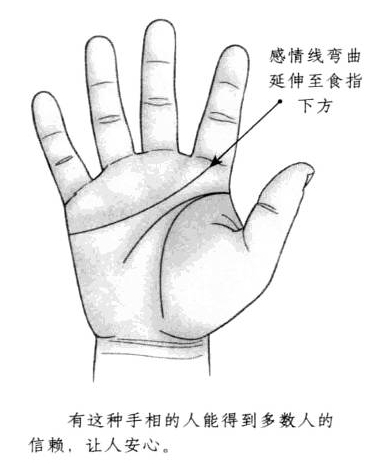 感情线弯曲延伸至食指下方