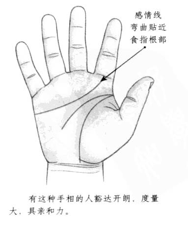 感情线呈现弯曲状，且末端贴近食指根部